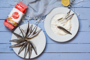 Boquerones fritos con mayonesa de puerros